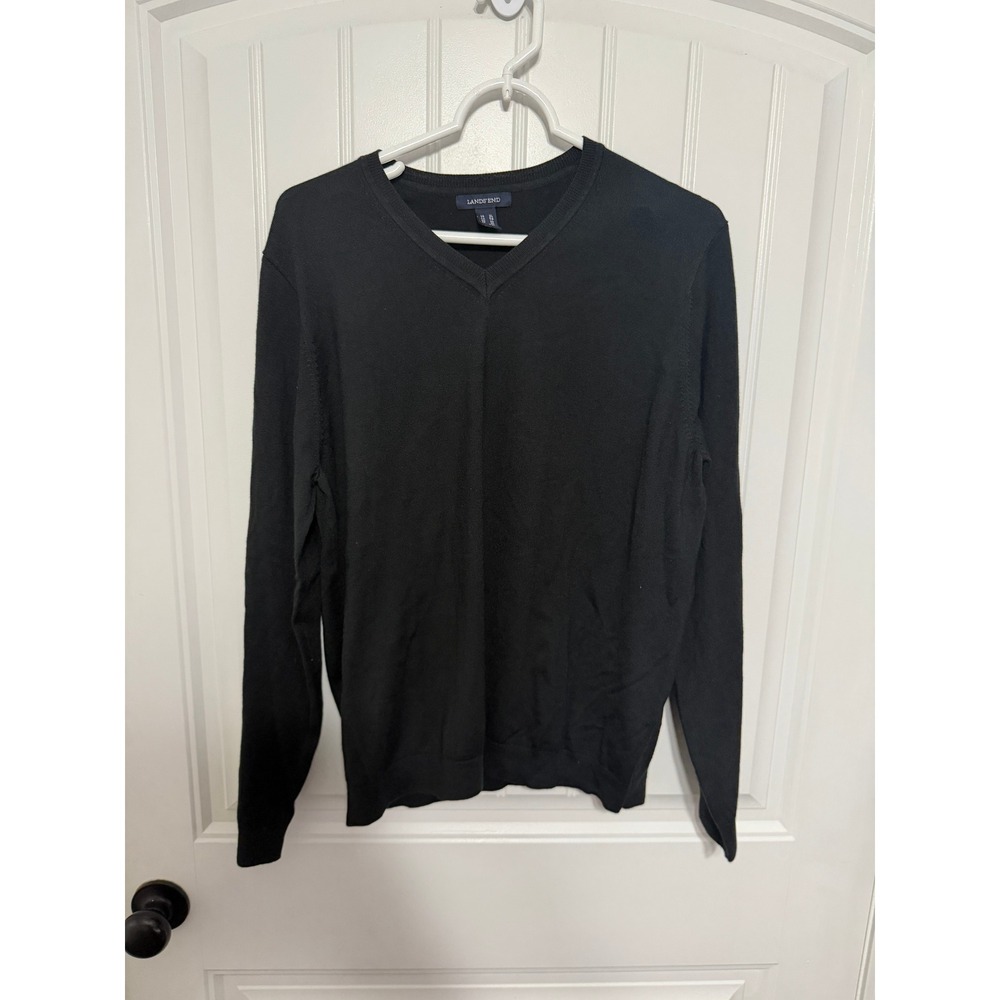 Lands End Sweater Mens Large V-Neck Long Sleeve Black Fine Knit EUC
